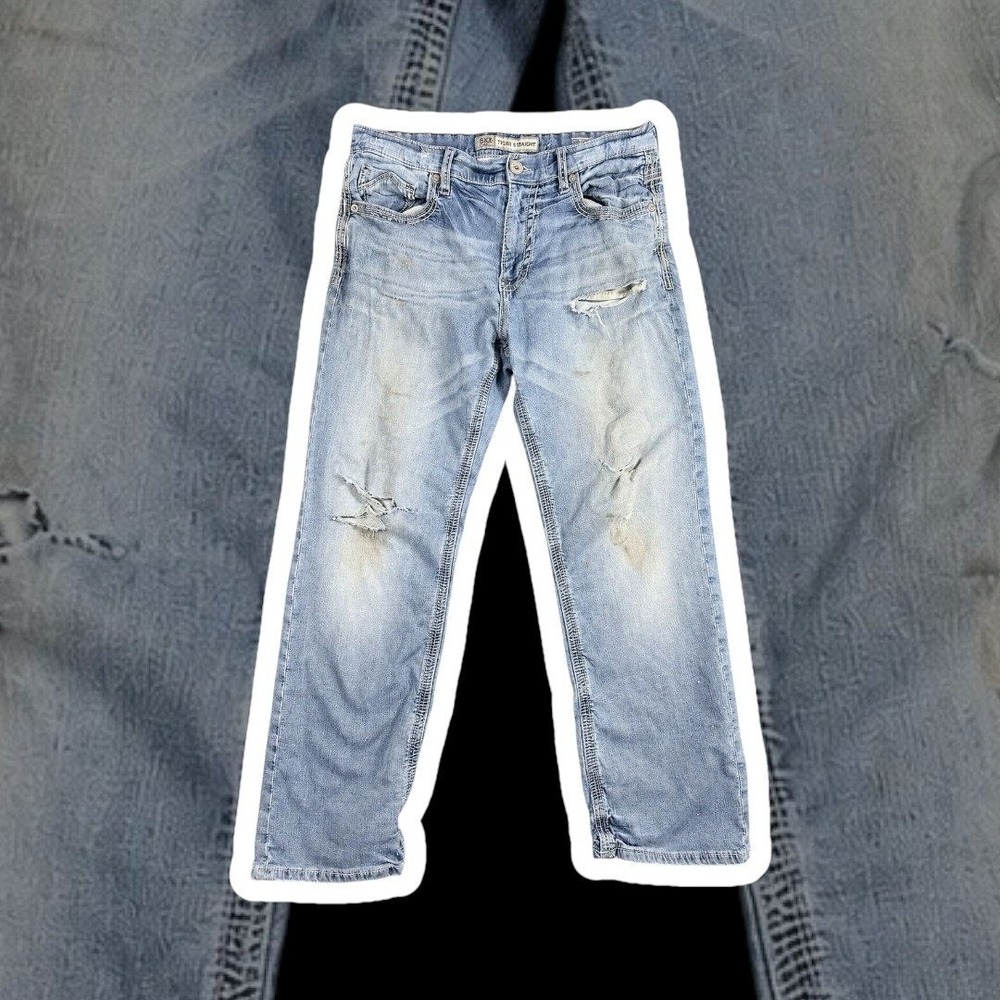 BKE‎ Tyler Straight Jeans Mens 33R Light Wash Distressed Stretch Denim 32x29